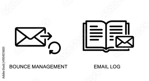 Email icons: bounce management with arrow loop and email log book, managing undeliverable messages and communication history