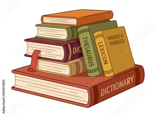 Stacked Language Books Dictionary Thesaurus Lexicon English Education & Vocabulary Cartoon Flat Vector Isolated Illustration