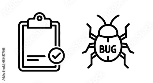 Clipboard with checkmark and a bug icon labeled 'BUG', representing bug tracking, quality assurance, and error reporting.