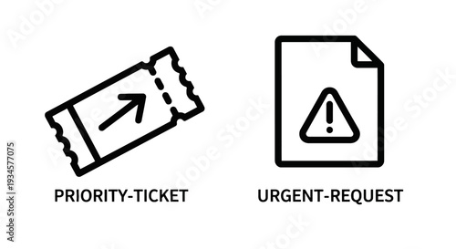 Priority ticket with arrow and an urgent request document with warning sign, indicating importance and time-sensitive matters.