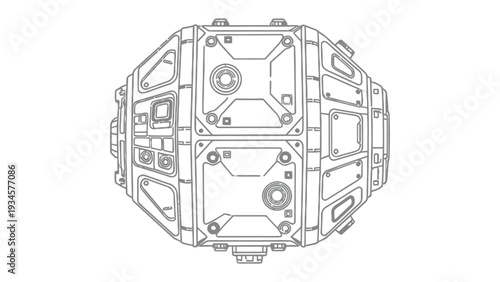 Mysterious Orb: A detailed, intricate illustration of a futuristic orb, its surface covered in complex geometric patterns, rivets, and panels.