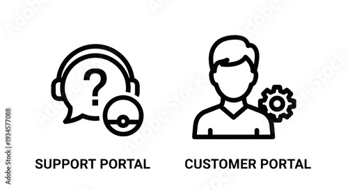 Icons for support and customer portals: headset with question mark for help, person with gear for portal.