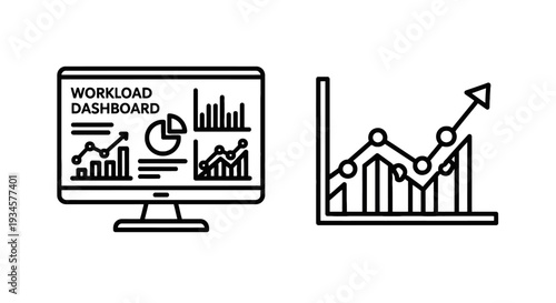 Workload dashboard on computer screen and rising graph icon, symbolizing productivity and success