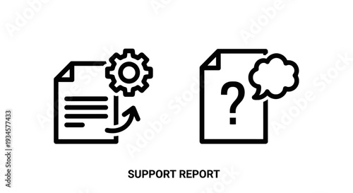 Support report icon with gear and arrow, and question mark with thought bubble, for problem-solving