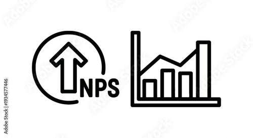 NPS score icon with upward arrow and bar chart, indicating Net Promoter Score and customer loyalty