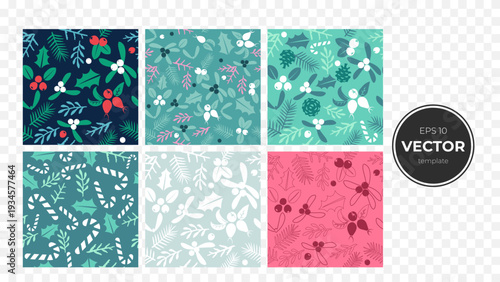 Colorful floral patterns featuring leaves and berries in various arrangements.
