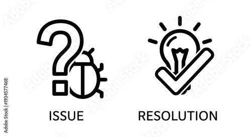 Question mark with bug icon and lightbulb with checkmark icon, representing issue resolution