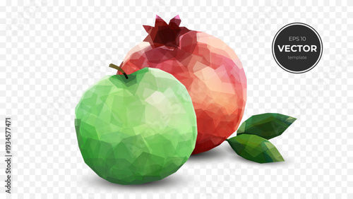 Colorful geometric fruits: green apple and red pomegranate with leaves.