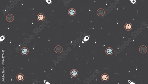 Playful space-themed pattern featuring planets and rockets on a dark background.