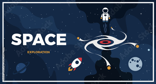 Illustration of an astronaut exploring space, surrounded by planets and stars.