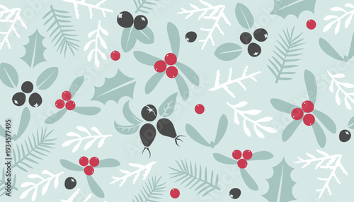 Festive botanical pattern featuring holly, mistletoe, and berries in soft colors.