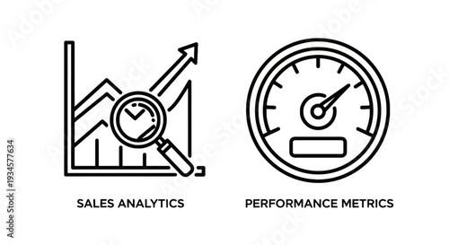 Sales and Performance Metrics Icons: Sales Analytics Graph with Magnifying Glass and Speedometer