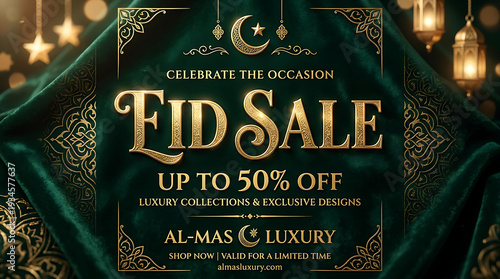 Eid sale banner with gold text on green velvet background