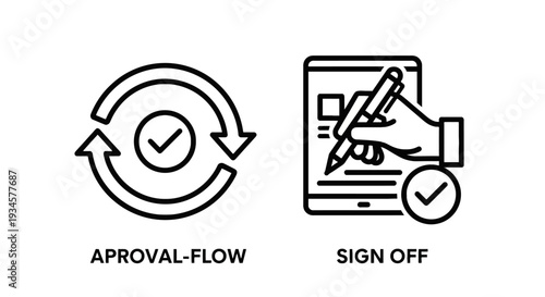 Icons for approval flow and sign off, symbolizing process, agreement, and digital confirmation with checkmarks.