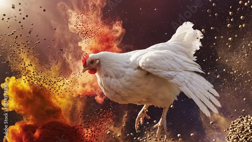 White chicken mid-flight bursting through colorful powder clouds in dramatic action scene