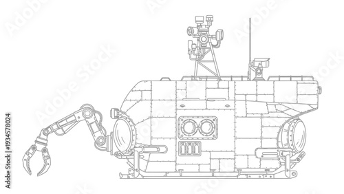 Deep Sea Exploration: An intricate technical illustration showcases a cutting-edge deep sea submersible, revealing advanced engineering and capabilities for underwater research.