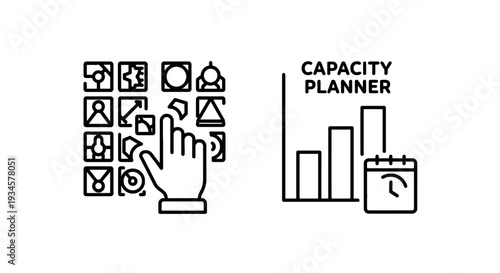 Icons for capacity planner with bar chart and calendar, and a hand selecting icons from a grid, representing resource planning and system selection.