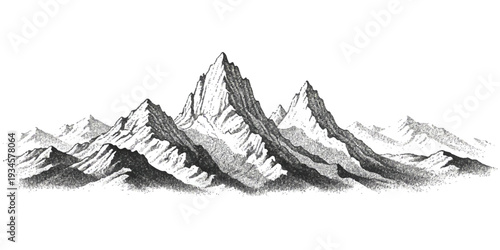 A detailed black and white illustration of a jagged mountain range with a prominent central peak.