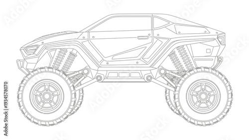 Future-Ready Terrain Explorer: A meticulously rendered line drawing unveils a cutting-edge concept vehicle poised to conquer any landscape with its rugged design.