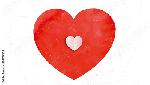 A vibrant red heart illustration with a smaller white heart at its center.