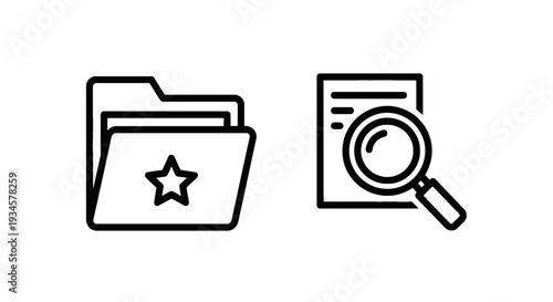 Folder with Star Icon and Document with Magnifying Glass. Business Concept Icons.