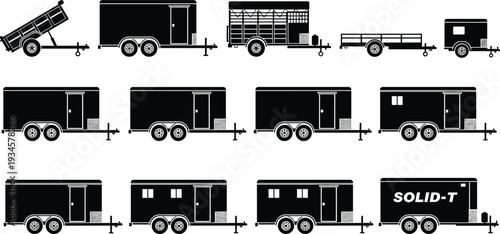 Large collection of various cargo trailer silhouettes, utility trailers, enclosed haulers, and transport equipment in cad drawing flat vector illustration style
