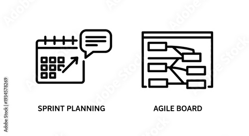 Calendar with Upward Arrow and Chat Bubble, Agile Board with Tasks. Sprint Planning.