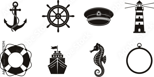 Nautical icon bundle anchor ship wheel lighthouse life ring and more