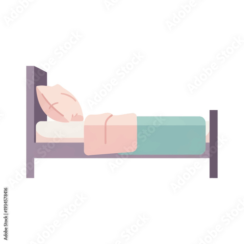 Simple illustration of a bed with pastel colored bedding and a minimalist frame.