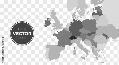 Monochrome map highlights Europe's nations and borders. Grayscale tones suit design or editorial layouts. Simple shapes and clean edges enhance modern visuals. Ideal for presentations, infographics