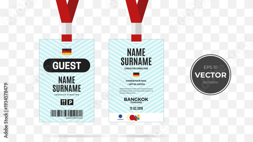Guest badge design with a modern aesthetic, featuring bold colors and details.