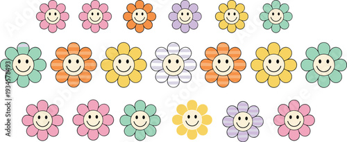Retro groovy hippie flower power collection with smiling faces, cad drawing flat vector illustration, colorful daisy set for aesthetic design