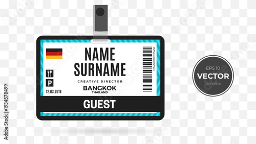 Customizable guest badge template with a modern design and vibrant colors.