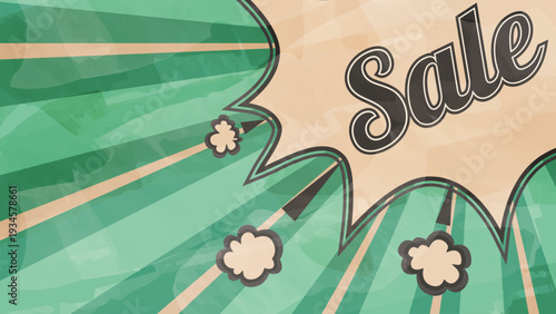 Colorful sale announcement with cartoon-style burst and vintage lettering.