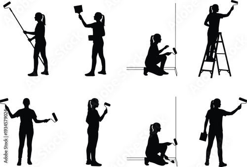 Side profile silhouette of a young woman with long flowing ponytail hair isolated on white background cad drawing flat vector illustration