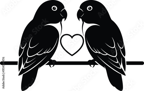 Lovebirds parrot silhouette vector illustration, two birds sitting on branch with heart symbol, romantic wildlife clipart isolated on white background