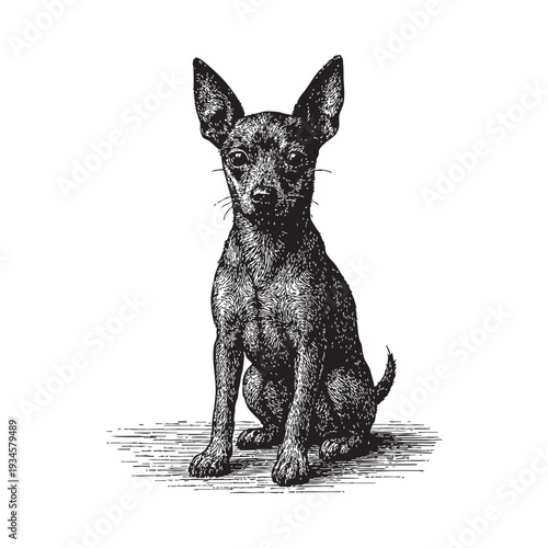 Monochrome canine illustration depicting a seated Miniature Pinscher with expressive gaze