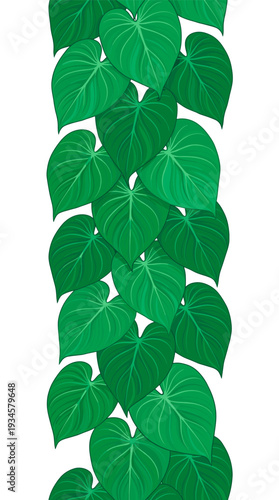 A seamless vertical pattern of vibrant green leaves in a row. The leaves are arranged in a cascading, orderly fashion. 