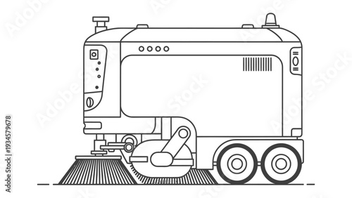 Robotic Street Sweeper: A detailed illustration captures a modern, automated street sweeper, designed for efficient cleaning of public spaces, showcasing advanced technology.