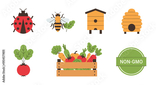 Various elements related to organic farm, including vegetables, insects, and beehives with a Non-GMO label. These elements showcase the essence of natural farming