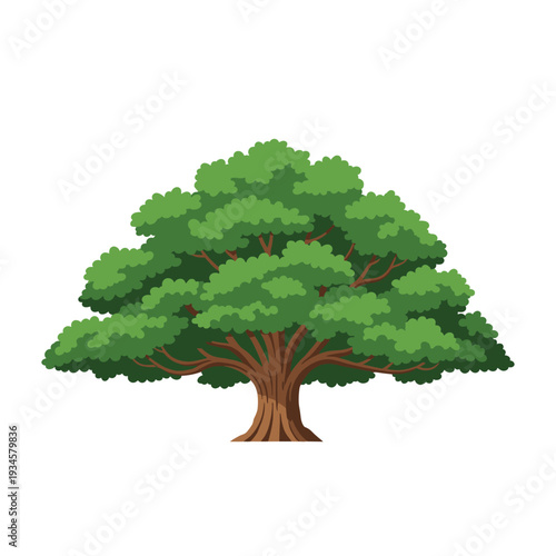 A magnificent oak tree stands tall and proud, its lush green foliage and sturdy brown trunk a testament to nature's grandeur