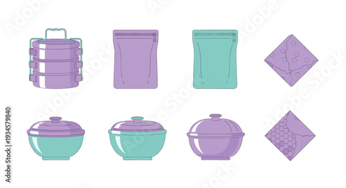 A set of illustrations with stacked lunch boxes, pouches, bowls and napkins. Displaying various container styles for meals and snacks