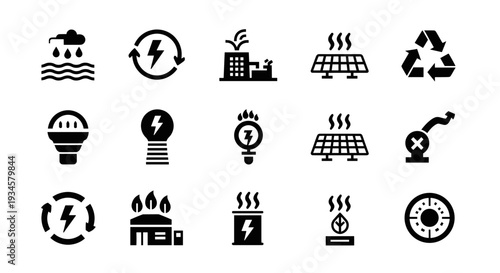 An array of energy icons representing various forms of power generation and sustainable practices. The icons depict a range of renewable resources and energy concepts