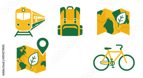 A travel-themed collection of icons with a train, backpack, map, pin, and bicycle, highlighting eco-friendly travel options. The icons represent different modes of transportation for a green journey.