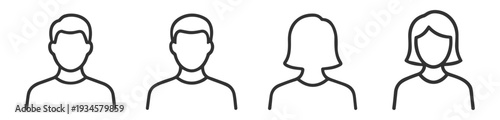 User avatar profile outline icons set, male and female person account symbols in minimal line style on transparent background