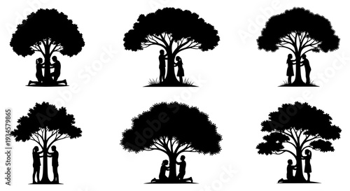 Silhouette images of family interaction around a tree, depicting moments of connection and unity