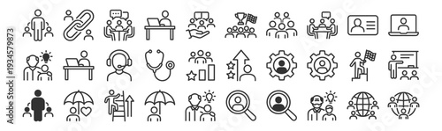 Business teamwork and leadership line icons set, management collaboration strategy communication and corporate organization symbols on transparent background