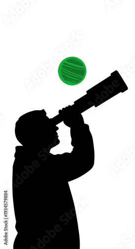 An observant figure gazing through a telescope toward a vibrant green sphere