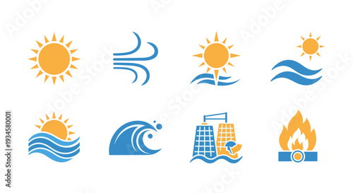 Weather elements and icons representing diverse weather conditions and environmental phenomena. A visual representation of natural forces in various forms, including the sun, wind, water, and fire