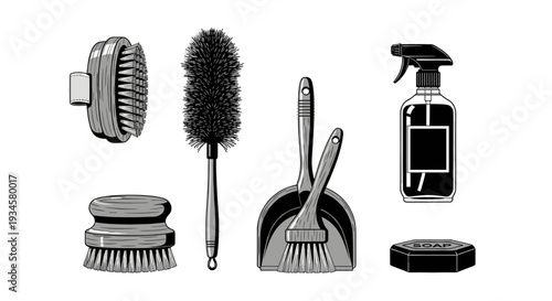 An array of cleaning supplies, tools of cleaning that is ready for chores and services
